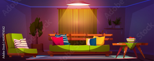 Green sofa in living room interior at night vector background. Indoor home furniture with couch and armchair in lounge panoramic concept. Rustic furnished colorful apartment livingroom inside