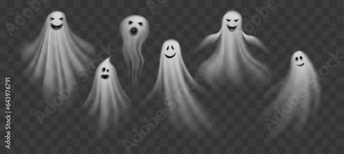 Realistic Halloween ghosts and cartoon boo poltergeist or holiday monsters, vector transparent spirits. Halloween horror night spooky ghosts flying with scary faces and grim smiles for trick or treat