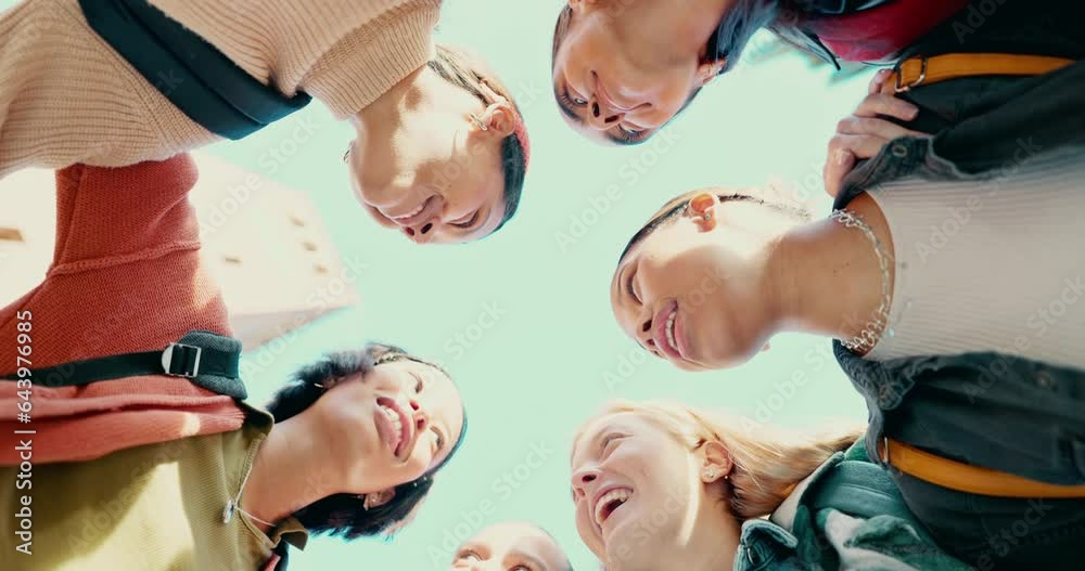 Teamwork, circle and portrait below group in team building, collaboration or meeting to support of college students or friends. Women, team or solidarity in community with diversity or happiness