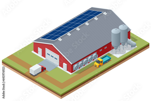 Isometric Poultry Farm Industrial. Poultry farm building, production of chicken meat, eggs.