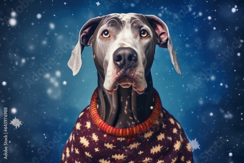 Lifestyle portrait photography of a funny great dane showing belly wearing a festive sweater against a backdrop of starlit galaxies. With generative AI technology