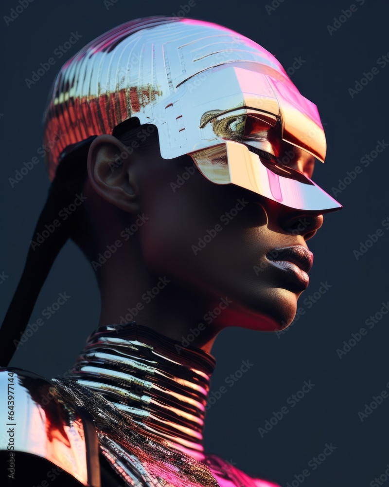 Beautiful portrait of a futuristic woman tribal warrior in weird clothing. Neon glow, iridescent, transparent plastic, hologram, holographic, vaporware rainbow texture aesthetic glitter swag fashion.