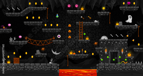Arcade Halloween horror cave landscape, game level map interface, vector platforms and ghosts, sweets, stairs and coins. Halloween cartoon game background with pumpkins, coin rewards and bones bonus