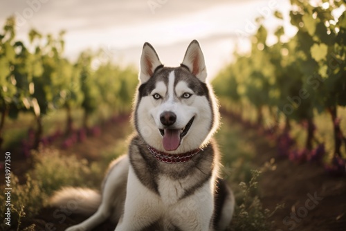 Medium shot portrait photography of a curious siberian husky panting wearing a princess crown against a backdrop of rolling vineyards. With generative AI technology