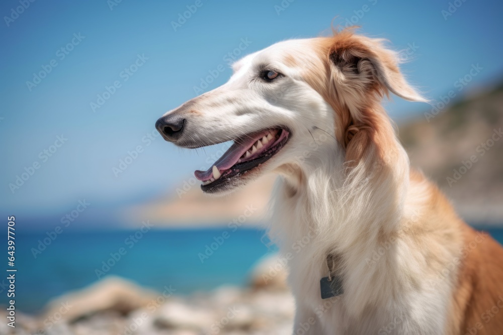 Headshot portrait photography of a happy borzoi winking wearing a therapeutic coat against a vibrant coral reef. With generative AI technology Headshot portrait photography of a happy borzoi winking wearing a therapeutic coat against a vibrant coral reef. With generative AI technology