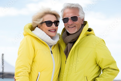 Older couple in yellow coats enjoying their winter vacations at a sky resort.