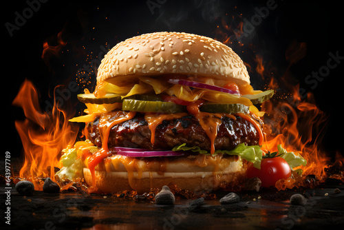 spicy cheeseburger on black background with fire, close up