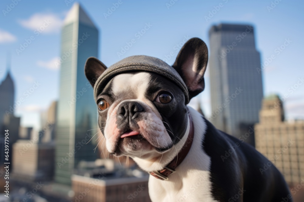 Lifestyle portrait photography of a funny boston terrier licking face wearing a beret against a stunning skyscraper skyline. With generative AI technology