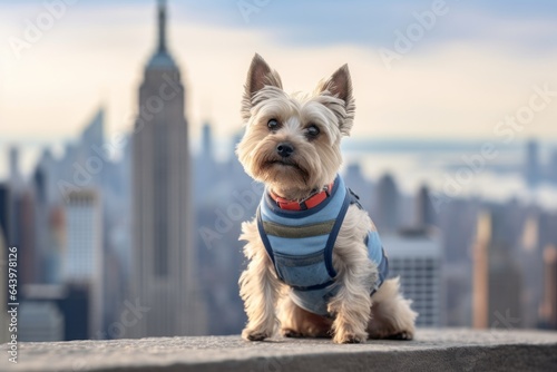 Medium shot portrait photography of a smiling cairn terrier licking other dogs wearing a denim vest against a stunning skyscraper skyline. With generative AI technology © Markus Schröder