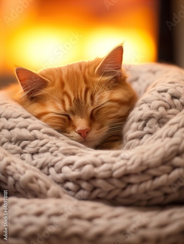 Fluffy ginger cat on cozy knitted blanket in winter decorated home interior, warm light