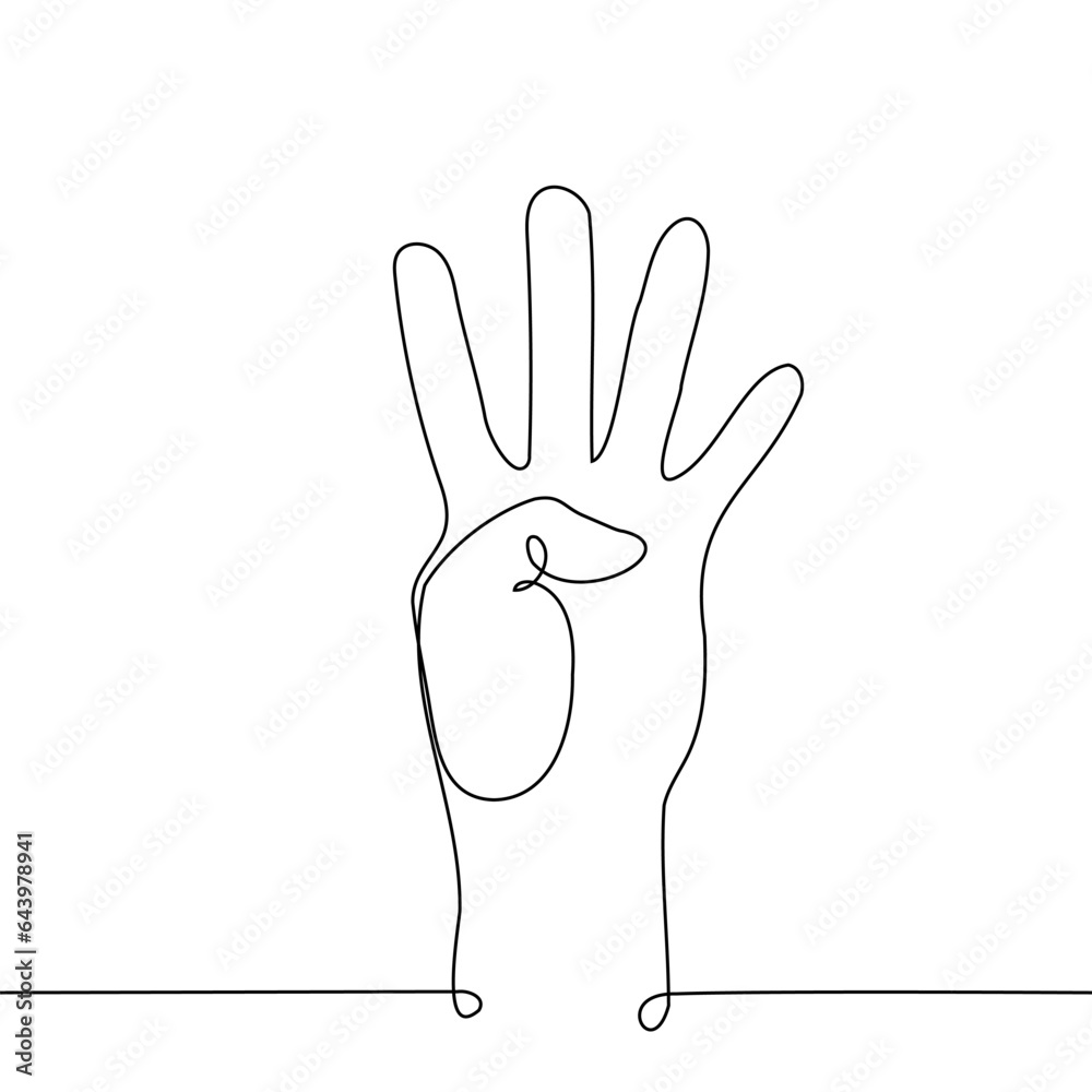 human hand with pinched thumb - one line art vector. the concept four fingers gesture