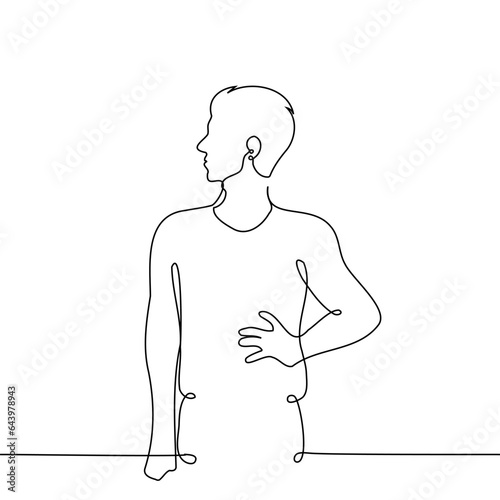 man stands with his hand on hips - one line art vector. the concept proud, arrogant, resentful