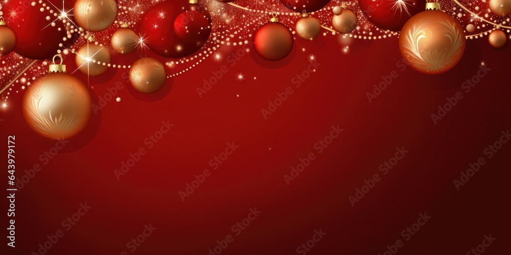 Christmas composition balls and ribbons. X-mass red decorations on a red background. Top view, banner, space for text. Generative AI illustration Christmas composition balls and ribbons. X-mass red decorations on a red background. Top view, banner, space for text. Generative AI illustration