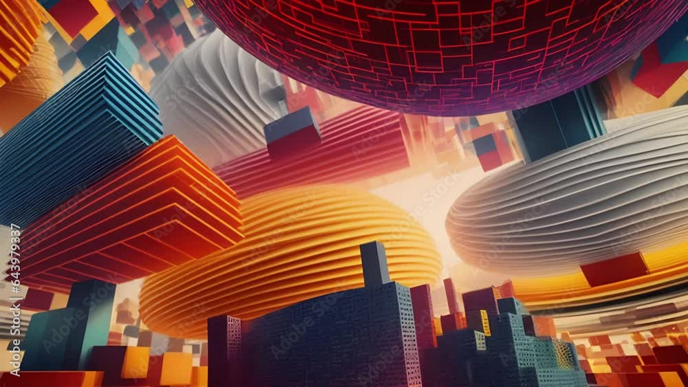 Urban landscape transforming into abstract geometry structures. Bright colors, big geometry constructions. Dynamic image transformations and metamorphose. AI generated video