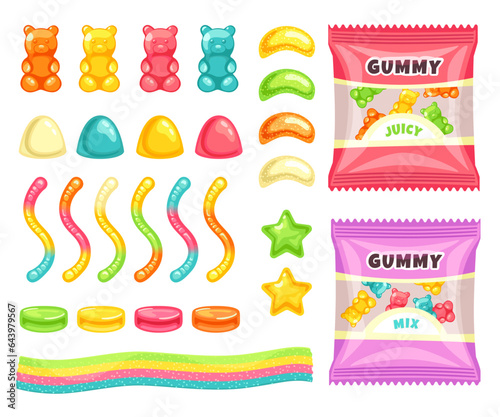 Jelly sweet vitamin gum candy, marmalade sweets, sugar food assortment and pack isolated set photo