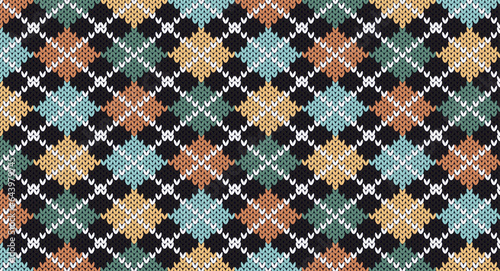 Vintage geometric square on black knitting pattern  Festive Sweater Design. Seamless Knitted Pattern