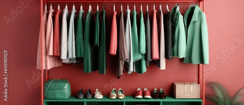 Modern dressing room interior with rack of stylish shoes and women's clothes. Christmas vibe colours