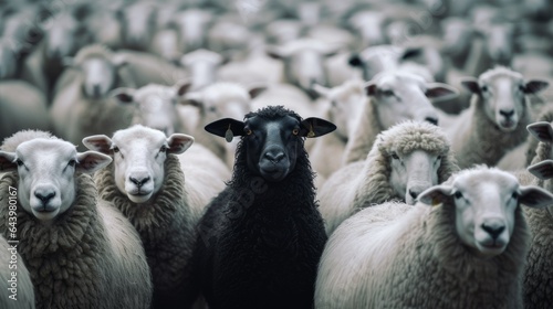 Black sheep in a flock of white sheep, banner, ai generative © mariof
