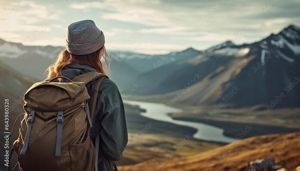Rear view of female hiker with backpack looking out over a landscape Rear view of female hiker with backpack looking out over a landscape