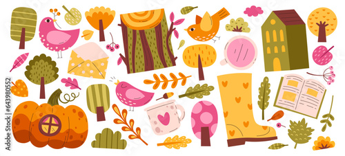 Abstract autumn objects, natural items, fairytale pumpkin house, footwear, book vector illustration