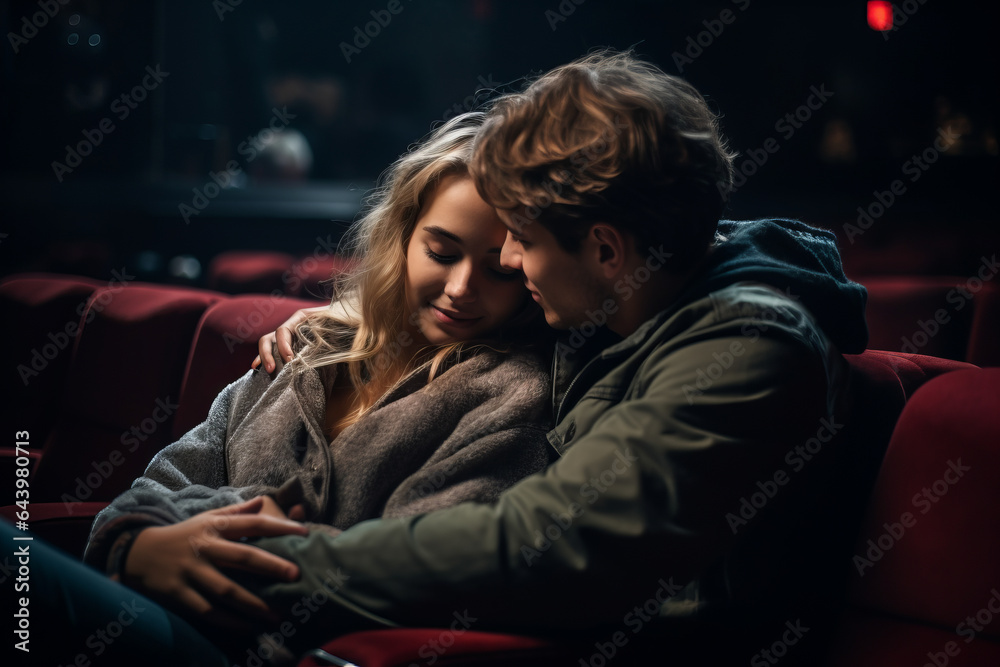Teenagers girl and boy first date night in a movie theatre , young people dating Teenagers girl and boy first date night in a movie theatre , young people dating