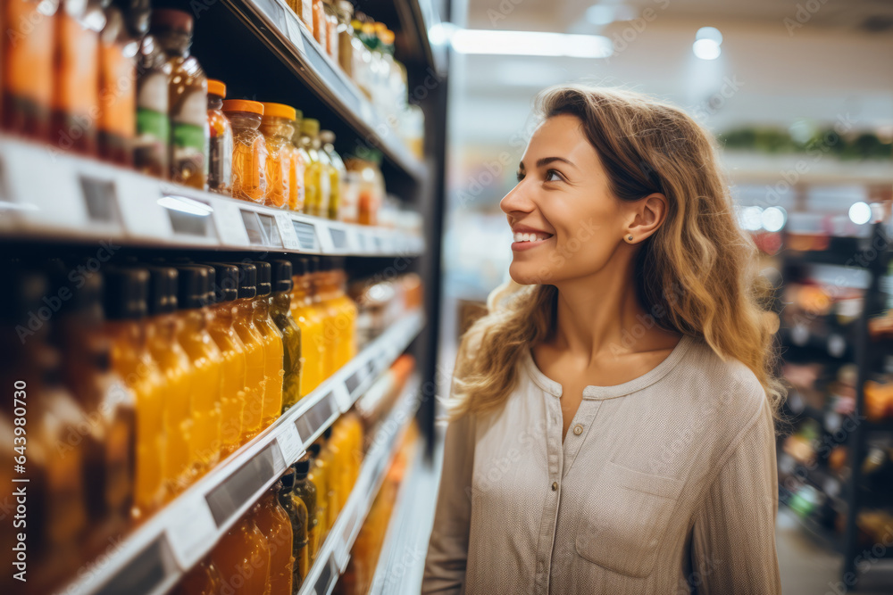 Woman choosing products in a grocery store, looking in details at the packaging demonstrating informed consumer behavior
