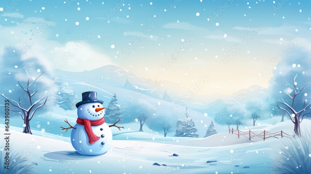 Happy snowman on snowy in winter for merry christmas and happy new year card concept with copy space. Generative Ai