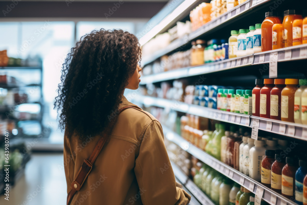 Woman choosing products in a grocery store, looking in details at the packaging demonstrating informed consumer behavior - obrazy, fototapety, plakaty 