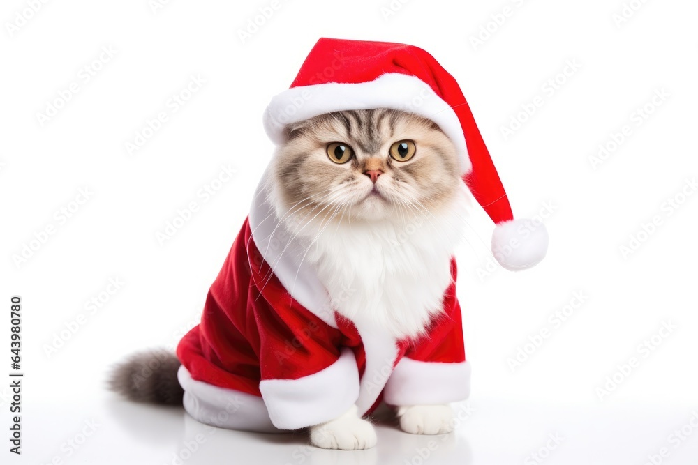 Portrait of cute cat wearing santa hat and san ta costume look at camera. Generative Ai Portrait of cute cat wearing santa hat and san ta costume look at camera. Generative Ai