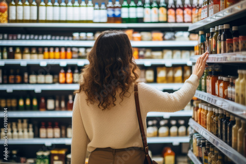 Woman choosing products in a grocery store, looking in details at the packaging demonstrating informed consumer behavior