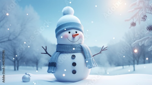 Happy snowman on snowy in winter for merry christmas and happy new year card concept with copy space. Generative Ai © Areerat