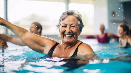 Active mature women enjoying aqua gym class in a pool, healthy retired lifestyle with seniors doing aqua fit sport photo