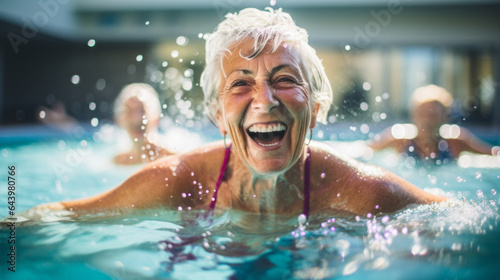 Active mature women enjoying aqua gym class in a pool, healthy retired lifestyle with seniors doing aqua fit sport © Keitma