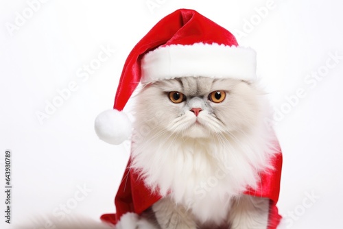Portrait of cute cat wearing santa hat and san ta costume look at camera. Generative Ai