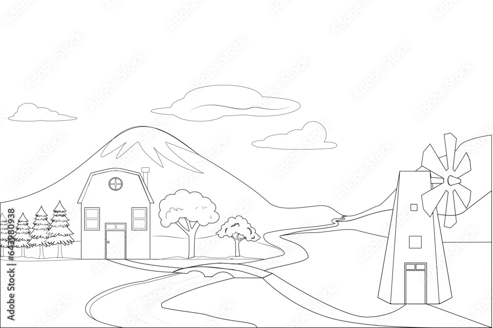 a picture of a village with a windmill coloring page