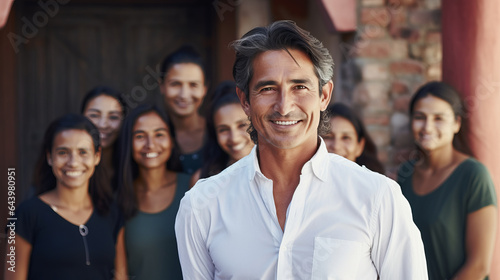 Handsome middle aged mexican man, happy, smiling, with women of the family in background