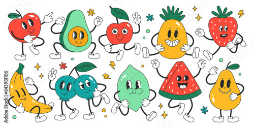 Fruit cute emoticon happy cartoon character with cheerful facial expression doodle isolated set