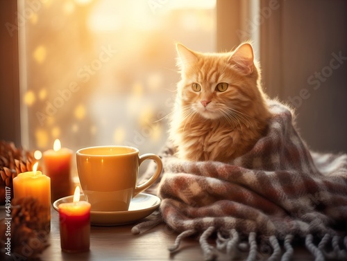 Fluffy ginger cat on cozy knitted blanket in winter decorated home interior, warm light