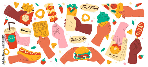 Human hands holding different street fast food, refreshing drinks and sweet dessert isolated set