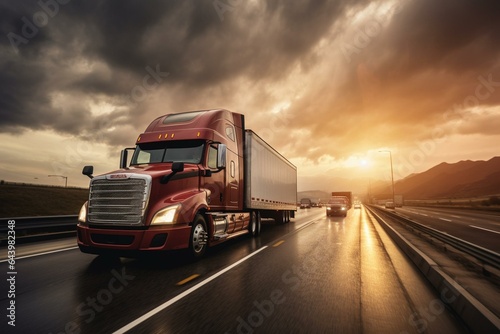 Image showing trucks on highway advocating for equal wages. Generative AI