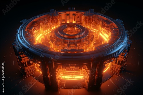 3D rendered nuclear fusion reactor with heated plasma, toroidal shape, providing clean energy. Copy space available. Generative AI photo