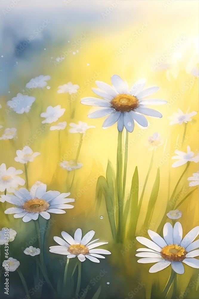 Spring meadow Cammomile flowers watercolor. AI generated illustration