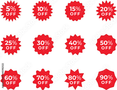 Price tags, special offer or shopping discount label with percent, discount. Red Paper sticker. 10, 20, 25, 30, 35, 40, 50, 60, 70, 80, 90 percent price. Promotional sale. Vector illustration.