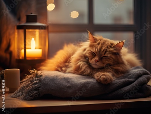 Fluffy ginger cat on cozy knitted blanket in winter decorated home interior, warm light