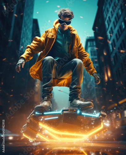 A man on a skateboard of the future flies