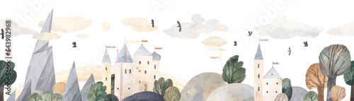 Medieval castle with mountains, hils and trees, clouds and birds. Horizontal seamless pattern. Watercolor illustration.