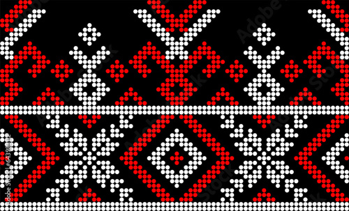 Vector illustration of Ukrainian ornament in ethnic style, identity, vyshyvanka, embroidery for print clothes, websites, banners. Background. Geometric design, border, copy space, frame