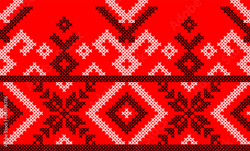 Vector illustration of Ukrainian ornament in ethnic style, identity, vyshyvanka, embroidery for print clothes, websites, banners. Background. Geometric design, border, copy space, frame