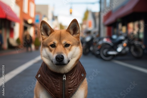 Close-up portrait photography of a funny akita circling before laying down wearing a leather jacket against a charming small town main street. With generative AI technology photo