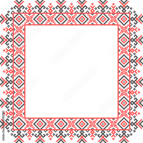 Vector illustration of Ukrainian ornament in ethnic style, identity, vyshyvanka, embroidery for print clothes, websites, banners. Background. Geometric design, border, copy space, frame